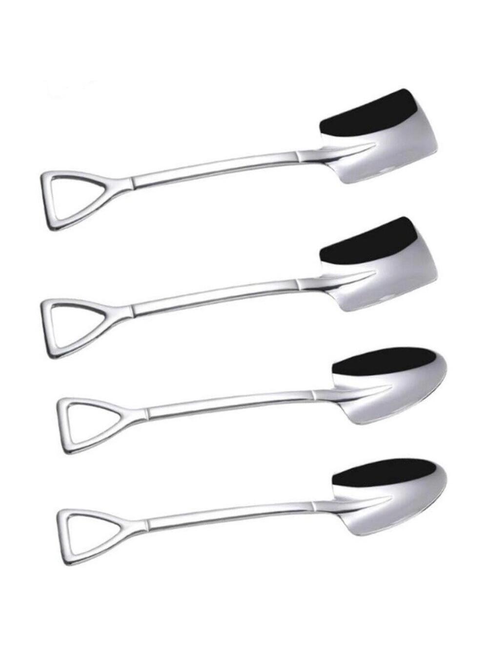 4-Piece Mini Shovel Spoons Set, Silver Stainless Steel Dessert Serving Utensils